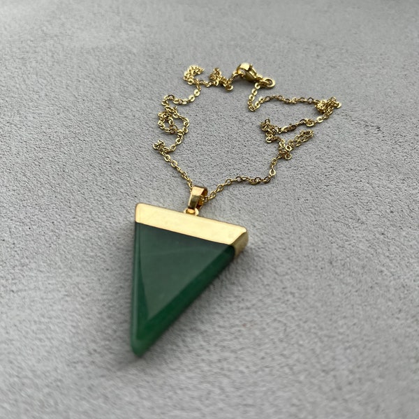 Green Aventurine Necklace, Triangle Necklace, Green Gold Triangle Necklace, Natural Aventurine Pendant, Green Stone Crystal Necklace