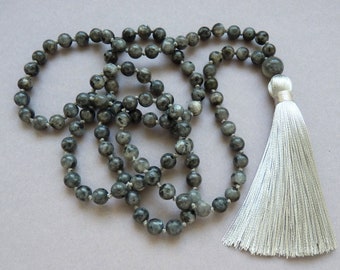 Labradorite Mala, Collares de Labradorita de 6 mm, Collar de Larvikita Noruega Collar de Borla Gris 108 Collar de Gris Mala Hombres Mujer Regalo de Yoga