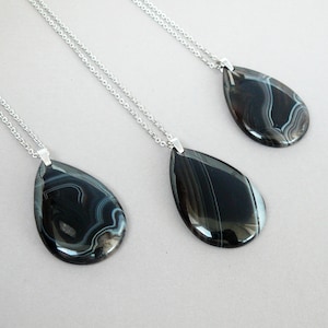 Black Agate Necklace, Black Onyx Pendant, Gemstone Silver Necklaces, Large Agate Long Necklace Women Necklace, Gift for Women, Agate Jewelry
