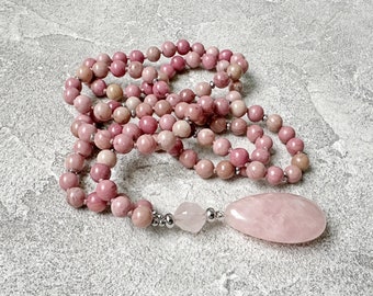 Rhodochrosite Mala Necklace for Women Pinck Beads Long Necklace Rose Quartz Mala Necklace Yoga Jewelry Yoga Gift for Mum Meditation Necklace