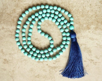 Turquoise Mala Necklace Turquoise Howlite 108 Mala Hand Knotted Mala Necklace Blue Tassel Mala Bead Yoga Gift Jewelry Prayer Beads Necklace