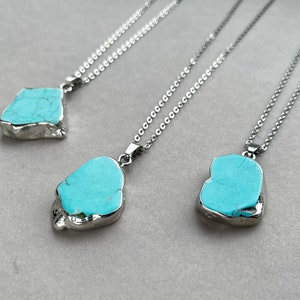 Turquoise Silver Pendant Necklace, Blue Stone Necklace, Blue Howlite Silver Pendant Gift for Women Gift for Man, Blue Long Gemstone Necklace
