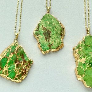Green Gold Jasper Necklace, Natural Green Regalite Pendant,  Large Green Gemstone Necklace, Imperial Jasper Jewelry, Long Green Necklaces