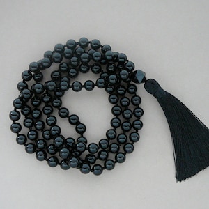 Black Tassel Necklace Black Agate Necklace Black Onyx 108 Mala Necklace for Man Women Yoga Gift Hand Knotted Long Tassel Mala for Men Gift