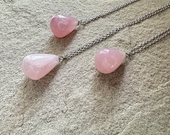 Rose Quartz Drop Necklace, Rose Quartz Silver Pendant, Natural Rose Quartz Crystal, Long Pink Necklaces for Women, Gemstone Necklaces