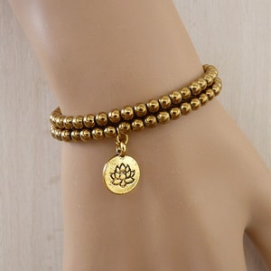 Gold Hematite Bracelet for women Gift Lotus Bracelet for her, Gold Bracelet Lotus Charme Bracelet Gold Bead brecelet everyday Bracelet