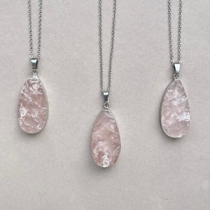Rose Quartz Silver Crystal Necklace, Raw Rose Quartz Pendant, Large Drop Rose Quartz Necklace, Rose Quartz Stone Pendant for Women for Man