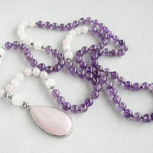 Amethyst Mala Necklace Rose Quartz Necklace 108Mala Necklace Yoga Jewelry Gift for Women Necklace Rose Quartz Pendant Necklace 108 Bead Mala