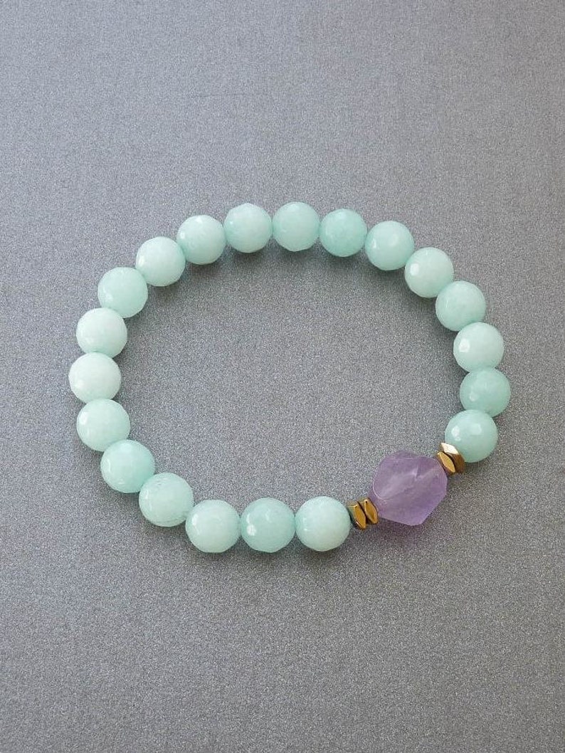 Amazonite Bracelet for her Gift for sister Bracelet for mom Bracelet women Mint Bracelet Beaded Bracelet womens gift Amethyst Crystal image 2