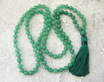 Green Mala Necklace Aventurine 108 Bead Necklace Long Green Gemstone Necklace Hand Knotted Long Tassel Necklace Yoga Meditation Jewelry Gift