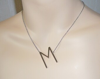 Silver Initial Necklace, Large Letter Necklace for Women, Oversize Letter Necklace, Silver Plated Initial Pendant, Personalized Jewelry
