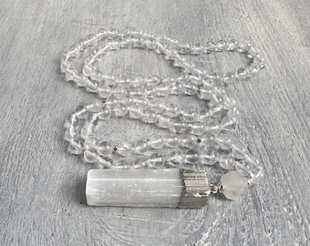 Selenite Mala, Clear Quartz Necklace, 6mm Quartz Mala Bead Necklaces, 108 Mala Clear Quartz Silver Necklace, Yoga Gift, Clear Quartz Jewelry