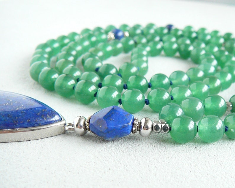 Green Aventurine Mala Lapis Lazuli Pendant Necklace for Mom Gift for Women 108 Mala Necklace Knotted Green Blue Long Necklace Yoga Jewelry image 2