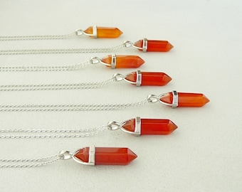 Carnelian Necklace, Red Carnelian Pendant, Natural Carnelian, Silver Carnelian Necklaces for Men or Women, Orange Crystal, Bullet Necklace