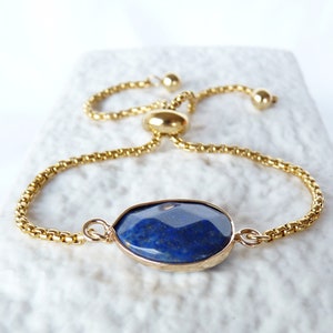 Lapis Lazuli Gold Bracelet, Blue Gemstone Gold Bracelet, Adjustable Bracelets, September Birthstone Gemstone Jewelry, Slider Lapis Bracelet