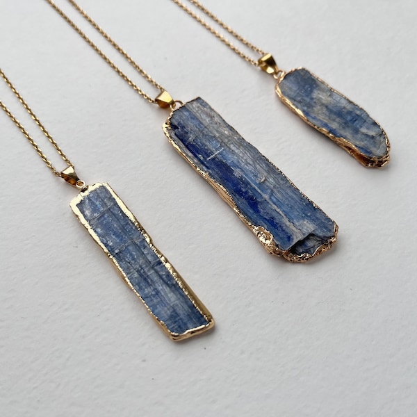 Pendentif En Cyanite Véritable - Pierre Naturelle, Monture Laiton Plaqué Or 14k - Marque Rose-Mimosa