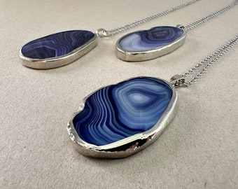 Blue Violet Agate Slice Necklace, Large Blue Purple Silver Agate Pendant, Long Gemstone Necklace, Gift for Women, for Man, Slice Necklace