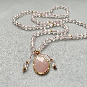 Rose Quartz Mala Necklace, 108 Beaded Necklace for Women, 6mm Natural Rose Quartz Hand Knotted Necklace, Yoga Jewelry Gift, Long Necklaces