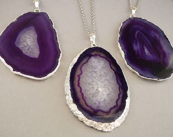 Purple Agate Slice Necklace for Women gift Violet Agate Jewelry Silver plated Slice Crystal Purple Stone Long Necklace Boho pendant women