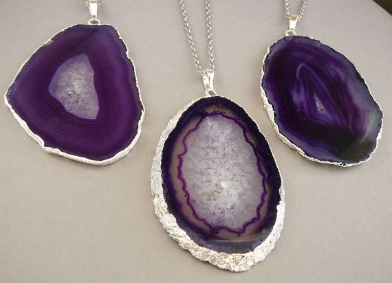 Purple Agate Slice Necklace for Women Gift Violet Agate Jewelry Silver Plated Slice Crystal Purple Stone Long Necklace Boho Pendant Women Etsy Canada