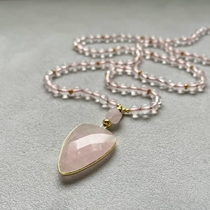 Rose Quartz Necklace for Women, 108 Beaded Mala Necklace with Charm, 6mm Rose Quartz Jewelry, Yoga Gift for Women, Long Beaded Necklace