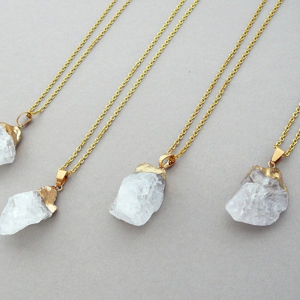 Raw Clear Quartz Gold Necklace, Natural Cloudy Quartz Necklace Clear Quartz Pendant, Healing Crystal Necklace April Birthstone Necklace Gift