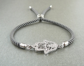 ハムサブレスレット、女性用スライダーブレスレット、グレーシルバーハムサハンドブレスレット、ファティマの手ブレスレット、女性へのギフト、お守りジュエリー