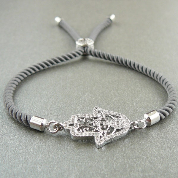 Hamsa Bracelet, Slider Bracelet for Women, Grey Silver Hamsa Hand Bracelets, Hand of Fatima Bracelet, Gift for Women, Protection Jewelry