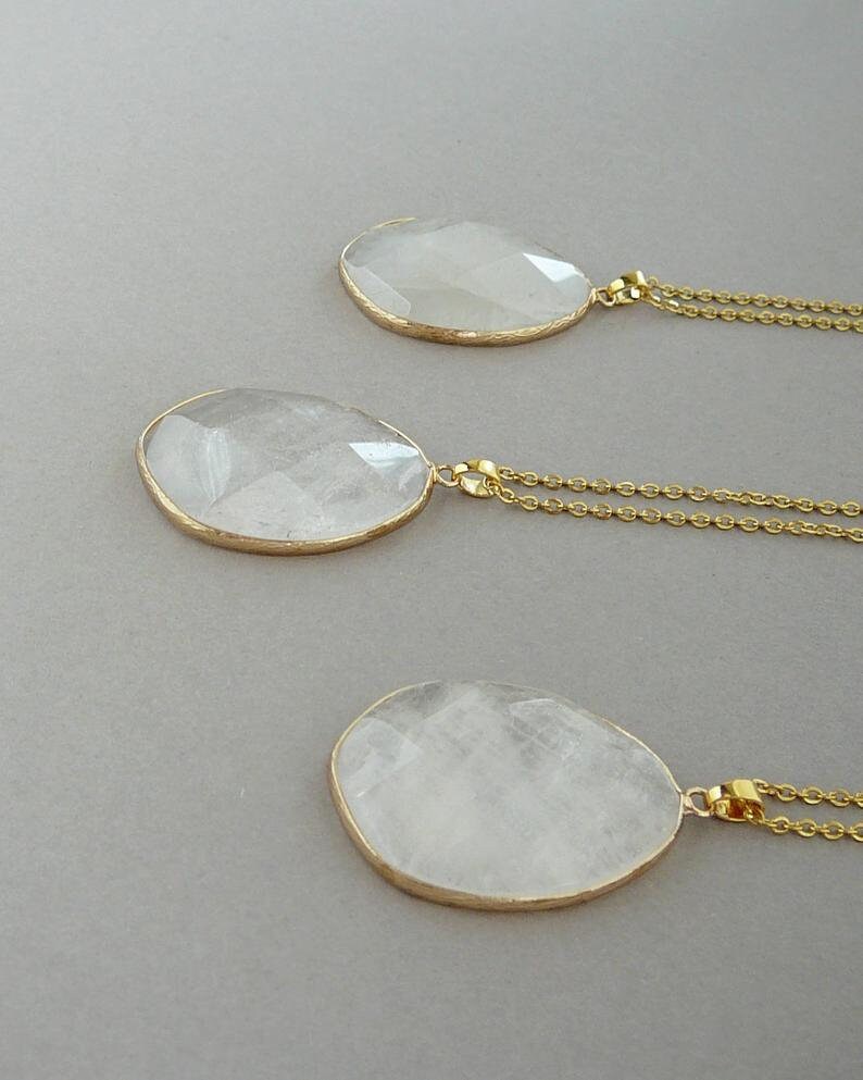 Clear Quartz Necklace Clear Quartz Pendant Gold Long Etsy