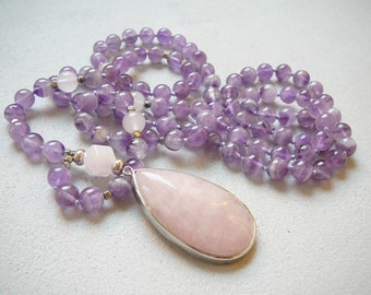 Amethyst Mala Necklace, 108 Mala Necklace, Rose Quartz  108 Mala Necklace, 8mm Amethyst Hand Knotted Necklace, Yoga Jewelry Gift for Women