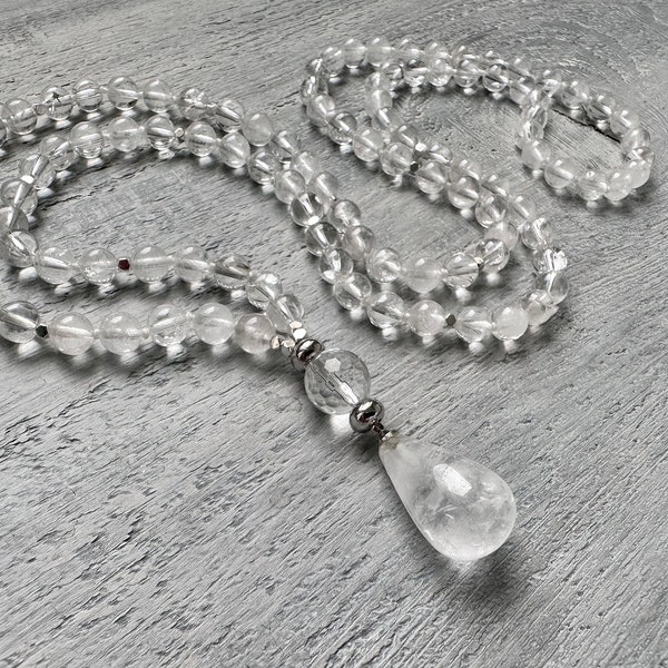 Clear Quartz Mala, Quartz Silver Necklace for Women Gift for Man, 108 Beaded Mala Necklaces, 6mm Clear Quartz Crystal Necklace, Yoga Jewelry