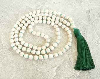 108 Mala Necklace Howlite Mala Beads Necklace Green Tassel Hand Knotted Yoga Jewelry Mala Beaded Healing Jewelry Gift 108Mala Beads Necklace