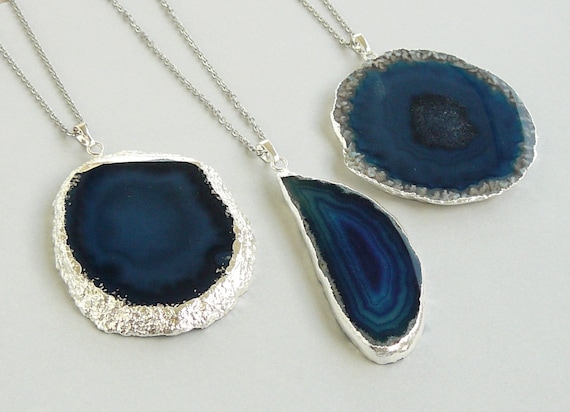 Blue Agate Slice Necklace Dark Pendant Gift For - Blue Agate Pendant Necklace