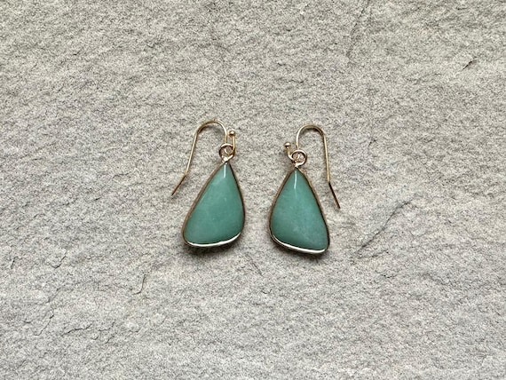 Green Aventurine Earrings, Natural Aventurine Stone Earings, Birthstone Earrings, Green Gemstone Gold Triangle Earrings, Aventurine Jewelry