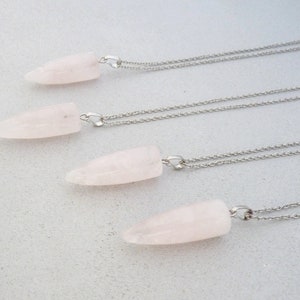 Rose Quartz Crystal Necklace, Rose Quartz Pendant, Genuine Rose Quartz Point Necklace, Silver Bullet Long Necklace, Rose Quartz Jewelry