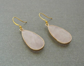 Rose Quartz Earrings Gemstone Earrings Rose Quartz Drop Earings Birthstone Earrings Pink Quartz Jewelry Gold Earrings for Women Gift for her