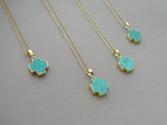 Turquoise Cross Necklace Blue Gemstone 