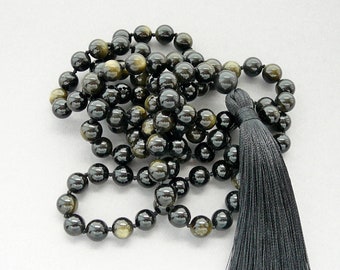 Obsidian Mala Necklace 108 Mala Black Bead Necklaces Golden Sheen Obsidian for Mans Womens Gift Hand Knotted Black Tassel Beaded Necklace