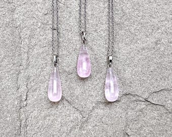 Rose Quartz, Pink Drop Necklace, Natural Rose Quartz Silver Pendant, Rose Quartz Crystal, Long Necklaces for Women, Gemstone Necklaces