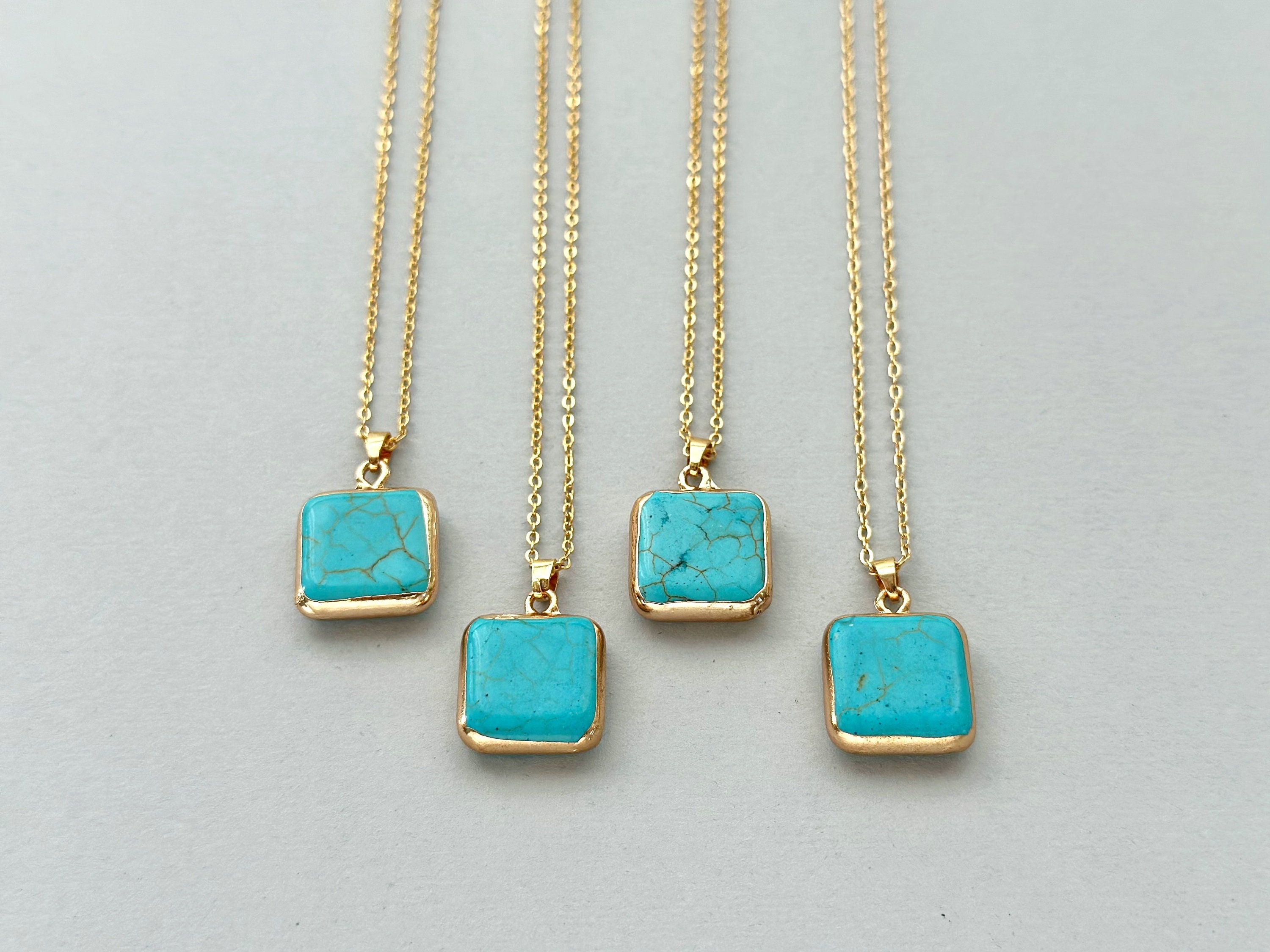 Turquoise Square Pendant, Turquoise Gold Necklace, Blue