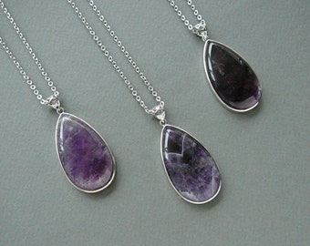 Collier Améthyste Naturel Améthyste Goutte Pendentif Long Collier de Pierres Précieuses Argent Violet Cristal Point Collier pour Femmes Cadeau pour Maman Colliers