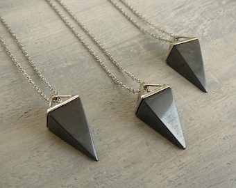 Hematite Necklace Hematite pendant Long pendulum necklace Silver pendant Gray Triangle Necklace for men women Pyramid Necklace jewelry