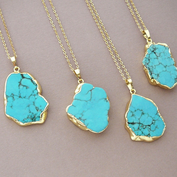 Turquoise Necklace, Gold Turquoise Pendant Necklace, Blue Gemstone Necklace, Turquoise Jewelry Gift for Women, Girlfriend Gift Long Necklace