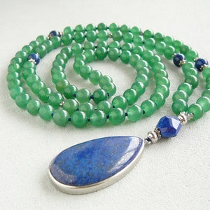 Green Aventurine Mala Lapis Lazuli Pendant Necklace for Mom Gift for Women 108 Mala Necklace Knotted Green Blue Long Necklace Yoga Jewelry image 4