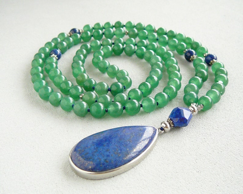 Green Aventurine Mala Lapis Lazuli Pendant Necklace for Mom Gift for Women 108 Mala Necklace Knotted Green Blue Long Necklace Yoga Jewelry image 4