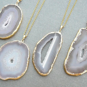 White Gray Agate Slice Necklace Big Agate Slice Pendant for Women Boho Necklace Gray Stone Long Necklace Agate Gold Jewelry Gift for Women image 2