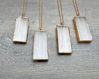Collier avec pendentif en sélénite, gros collier en cristal blanc, pierre de guérison, bijoux en sélénite naturelle, collier bohème, collier chaîne or argent