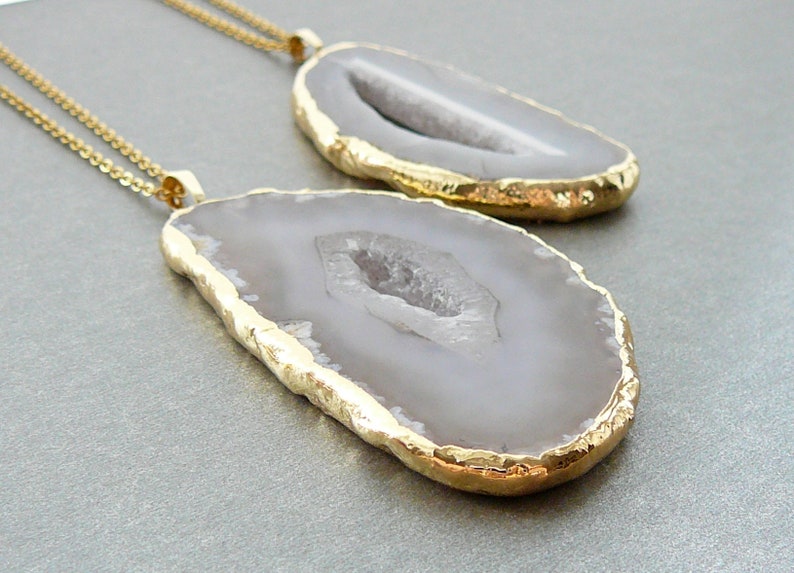 White Gray Agate Slice Necklace Big Agate Slice Pendant for Women Boho Necklace Gray Stone Long Necklace Agate Gold Jewelry Gift for Women image 4