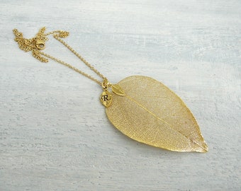 Leaf Necklace, Real Gold Leaf Necklaces, Gift Women, Personalized Gold Letter Pendant, Natural Jewelry, Women Initial Leaf Necklace for Girl