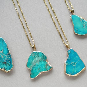 Blue Regalite Necklaces for Women Turquoise Jasper Long Necklace Large Blue Green Stone Gold Necklace Imperial Jasper Jewelry Gift for Women